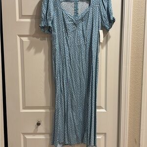 Blue Polka Dot Midi Dress with Slit